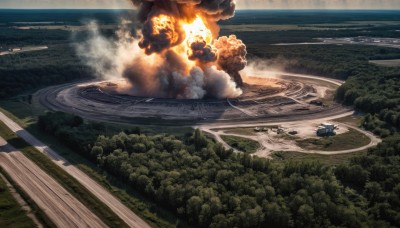 outdoors,sky,day,cloud,water,tree,military,no humans,ocean,fire,ground vehicle,building,nature,scenery,motor vehicle,forest,smoke,realistic,aircraft,military vehicle,road,battle,magic circle,explosion,vehicle focus,river,landscape,burning,bush,watercraft,ship