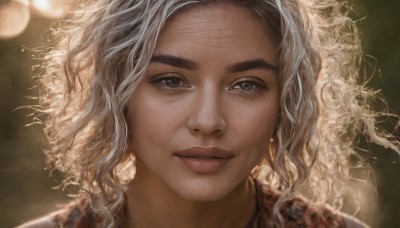 1girl,solo,long hair,looking at viewer,smile,blue eyes,blonde hair,closed mouth,white hair,parted lips,dark skin,blurry,dark-skinned female,lips,grey eyes,eyelashes,blurry background,wavy hair,thick eyebrows,portrait,freckles,curly hair,realistic,nose,depth of field,close-up