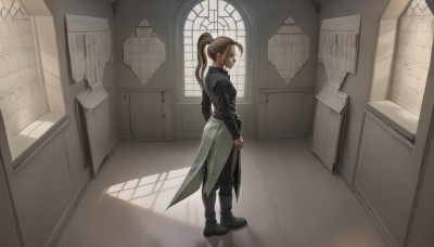 1girl,solo,long hair,brown hair,shirt,long sleeves,1boy,closed mouth,standing,full body,ponytail,male focus,boots,shoes,pointy ears,pants,indoors,black footwear,apron,coat,black shirt,window,profile,shadow,black pants,sunlight,door,looking at viewer,sidelocks,looking back,from side,black coat,paper,long coat