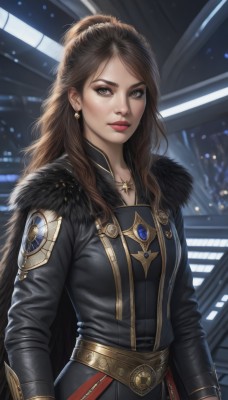 1girl,solo,long hair,breasts,looking at viewer,brown hair,long sleeves,brown eyes,jewelry,medium breasts,closed mouth,jacket,earrings,belt,indoors,necklace,cape,lips,black jacket,fur trim,makeup,blurry background,lipstick,pendant,realistic,nose,red lips,bangs,upper body,ponytail,weapon