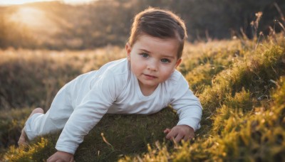 1girl,solo,looking at viewer,short hair,blue eyes,brown hair,shirt,black hair,long sleeves,dress,white shirt,outdoors,lying,barefoot,white dress,blurry,lips,blurry background,grass,aged down,on stomach,child,nature,realistic,female child,field,dirty,1boy,brown eyes,full body,male focus,day,depth of field,sunlight,all fours,male child,baby