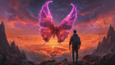 black hair, 1boy, standing, jacket, male focus, boots, outdoors, wings, sky, pants, cloud, hood, bag, from behind, glowing, bird, animal, backpack, cloudy sky, bug, scenery, sunset, red sky