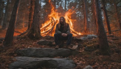 solo,looking at viewer,black hair,long sleeves,1boy,sitting,jacket,male focus,outdoors,shoes,day,pants,hood,tree,hoodie,brown footwear,own hands together,fire,denim,nature,scenery,hood up,forest,jeans,rock,autumn leaves,autumn,burning,log,campfire,long hair,shirt,holding,closed mouth,boots,barefoot,vest,black pants,sunlight,hooded jacket,realistic,blue pants