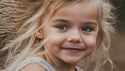 1girl,solo,long hair,looking at viewer,smile,blonde hair,artist name,signature,blurry,lips,grey eyes,floating hair,messy hair,portrait,close-up,realistic,nose,1boy,closed mouth,male focus,eyelashes,facial hair,brown background