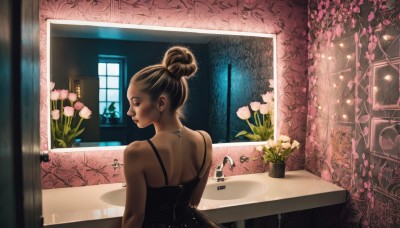 1girl,solo,short hair,brown hair,black hair,dress,bare shoulders,brown eyes,jewelry,upper body,flower,sleeveless,looking back,indoors,dark skin,necklace,hair bun,from behind,black dress,dark-skinned female,lips,window,profile,makeup,back,table,single hair bun,plant,pink flower,reflection,mirror,realistic,spaghetti strap,potted plant,vase,updo,blue eyes,earrings,sink