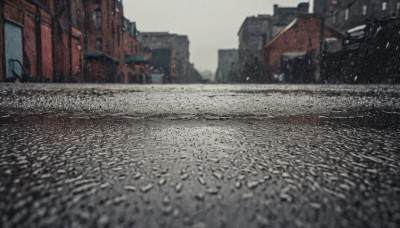 outdoors,sky,day,blurry,no humans,window,ground vehicle,building,scenery,motor vehicle,snow,snowing,city,car,road,street,photo background,grey sky,real world location,depth of field,traditional media,rain