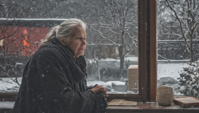 solo,long hair,looking at viewer,long sleeves,1boy,closed mouth,upper body,ponytail,white hair,grey hair,male focus,outdoors,indoors,scarf,tree,cup,coat,window,facial hair,table,snow,snowing,house,old,winter,old man,bare tree,old woman,wrinkled skin,gloves,hat,holding,sitting,weapon,from side,gun,fire,scenery,headwear removed,hat removed,black coat,realistic,winter clothes,wood