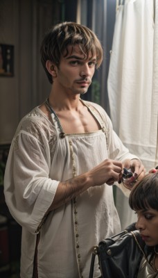 1girl,looking at viewer,short hair,bangs,brown hair,black hair,long sleeves,1boy,dress,holding,brown eyes,jewelry,closed mouth,standing,male focus,solo focus,indoors,dark skin,necklace,nail polish,white dress,blurry,black eyes,lips,window,makeup,blurry background,facial hair,ring,curtains,red nails,beard,zipper,realistic,nose,stubble,chest hair,dressing another,bag,apron,handbag