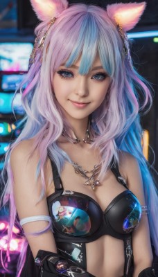 1girl,solo,long hair,breasts,looking at viewer,smile,bangs,blue eyes,hair ornament,animal ears,cleavage,bare shoulders,jewelry,medium breasts,closed mouth,blue hair,upper body,pink hair,purple hair,multicolored hair,necklace,blurry,two-tone hair,lips,grey eyes,gradient hair,blurry background,realistic,underwear,earrings,cat ears,bra,eyelashes,makeup,facial mark,slit pupils,bikini top only,armlet,miqo'te