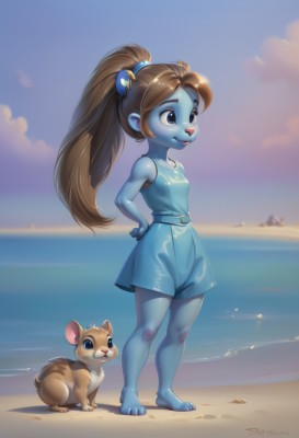 1girl,solo,long hair,breasts,smile,blue eyes,brown hair,hair ornament,dress,animal ears,bare shoulders,brown eyes,closed mouth,standing,tail,full body,ponytail,small breasts,outdoors,sky,shorts,barefoot,sleeveless,day,shiny,belt,artist name,cloud,signature,water,blurry,shiny hair,flat chest,blue sky,hand on hip,toes,sleeveless dress,blurry background,blue dress,colored skin,ocean,animal,watermark,beach,short dress,child,furry,hands on hips,sand,blue skin,furry female,female child,pointy ears