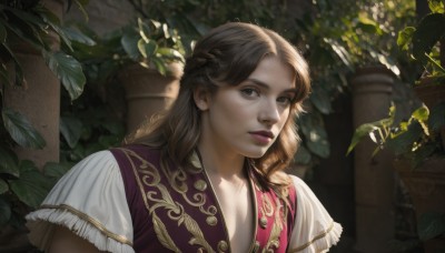 1girl,solo,long hair,looking at viewer,bangs,brown hair,shirt,1boy,brown eyes,white shirt,upper body,braid,short sleeves,male focus,outdoors,parted lips,blurry,vest,lips,makeup,blurry background,leaf,sunlight,plant,lipstick,realistic,nose,potted plant,pillar,dress,jewelry,earrings,day,portrait,freckles,dappled sunlight