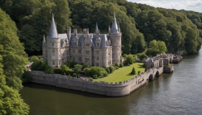 outdoors,sky,day,cloud,water,tree,no humans,building,nature,scenery,forest,fantasy,watercraft,bridge,river,castle,tower,boat,landscape,lake,ocean,ship