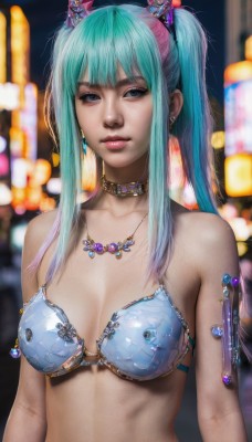 1girl,solo,long hair,breasts,looking at viewer,bangs,blue eyes,hair ornament,navel,cleavage,twintails,jewelry,medium breasts,closed mouth,blue hair,collarbone,swimsuit,upper body,sidelocks,bikini,multicolored hair,earrings,choker,necklace,armor,blurry,aqua eyes,lips,aqua hair,blurry background,realistic,bikini armor,bare shoulders,green hair,artist name,collar,makeup,depth of field,gem,bikini top only,blue bikini,armlet