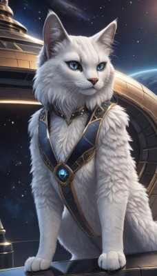 solo,looking at viewer,blue eyes,sky,signature,no humans,animal,moon,cat,gem,star (sky),night sky,starry sky,space,animal focus,white fur,planet,white cat,jewelry,night,whiskers