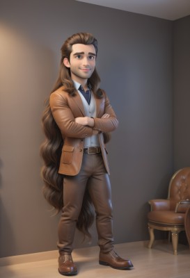 solo,long hair,looking at viewer,smile,brown hair,shirt,long sleeves,1boy,brown eyes,very long hair,closed mouth,standing,jacket,full body,white shirt,male focus,open clothes,necktie,shoes,collared shirt,belt,pants,artist name,indoors,vest,open jacket,facial hair,chair,brown footwear,formal,crossed arms,thick eyebrows,grey shirt,buckle,black belt,brown jacket,belt buckle,brown belt,brown pants,brown vest,armchair,1girl,boots,lips,dress shirt,shadow,wavy hair,black pants,blazer,suit,wing collar,animification