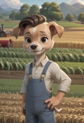 solo,looking at viewer,smile,brown hair,shirt,long sleeves,1boy,animal ears,brown eyes,closed mouth,standing,tail,white shirt,male focus,cowboy shot,outdoors,sky,day,collared shirt,artist name,cloud,blurry,tree,blue sky,hand on hip,blurry background,grass,ground vehicle,motor vehicle,furry,sleeves rolled up,freckles,pocket,mountain,car,overalls,furry male,male child,body fur,mountainous horizon,snout,brown fur,truck,blue overalls,child,dog ears,dog boy