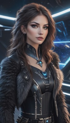 1girl,solo,long hair,breasts,looking at viewer,brown hair,brown eyes,jewelry,jacket,upper body,earrings,open clothes,choker,belt,lips,coat,fur trim,makeup,wavy hair,lipstick,eyeshadow,science fiction,realistic,nose,space,necklace,armor,grey eyes,detached collar,forehead