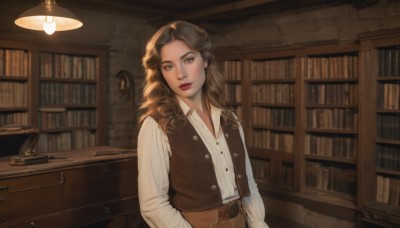 1girl,solo,long hair,looking at viewer,brown hair,shirt,long sleeves,brown eyes,standing,white shirt,upper body,parted lips,striped,collared shirt,belt,indoors,vest,lips,book,makeup,buttons,lipstick,desk,curly hair,belt buckle,bookshelf,red lips,brown belt,lamp,shelf,brown vest,library,dress shirt,realistic