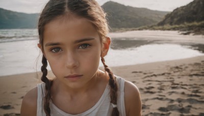 1girl,solo,long hair,looking at viewer,brown hair,shirt,black hair,bare shoulders,brown eyes,closed mouth,white shirt,upper body,braid,outdoors,sleeveless,day,water,blurry,twin braids,lips,grey eyes,blurry background,ocean,beach,tank top,portrait,forehead,freckles,realistic,white tank top,lake,dress,expressionless,sunlight,messy hair,hair over shoulder