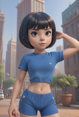 1girl,solo,breasts,looking at viewer,smile,short hair,bangs,brown hair,shirt,black hair,navel,brown eyes,closed mouth,standing,short sleeves,cowboy shot,small breasts,outdoors,sky,shorts,day,midriff,artist name,dark skin,blunt bangs,stomach,blurry,arm up,dark-skinned female,blue sky,lips,crop top,short shorts,depth of field,blurry background,bob cut,thick eyebrows,blue shirt,plant,t-shirt,building,child,freckles,arm at side,arm behind head,contrapposto,blue shorts,city,nose,female child,car,potted plant,midriff peek,cropped shirt,nail polish,tree,fingernails,eyelashes,ground vehicle,motor vehicle,denim shorts