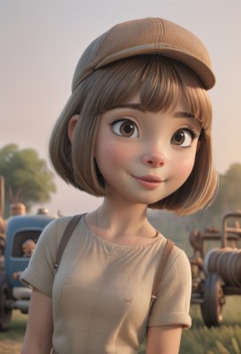 1girl,solo,breasts,looking at viewer,smile,short hair,bangs,brown hair,shirt,hat,brown eyes,jewelry,closed mouth,collarbone,white shirt,upper body,short sleeves,small breasts,outdoors,parted lips,day,blunt bangs,necklace,bag,blurry,flat chest,tree,lips,depth of field,blurry background,bob cut,suspenders,grass,ground vehicle,child,motor vehicle,freckles,nose,brown headwear,cabbie hat,female child,car,blush,covered nipples,eyelashes,thick eyebrows,realistic