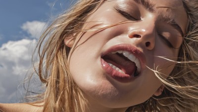 1girl,solo,long hair,open mouth,blonde hair,closed eyes,male focus,outdoors,sky,teeth,day,tongue,cloud,blue sky,lips,upper teeth only,cloudy sky,portrait,close-up,realistic,nose,blurry,blurry background