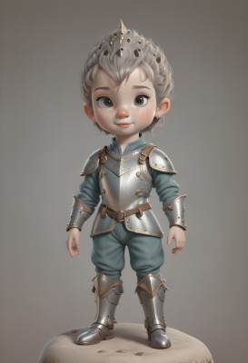 1girl,solo,looking at viewer,short hair,simple background,1boy,jewelry,closed mouth,standing,full body,grey hair,male focus,earrings,boots,pointy ears,belt,pants,grey background,armor,black eyes,grey eyes,crown,shoulder armor,gauntlets,child,freckles,pauldrons,breastplate,fantasy,vambraces,armored boots,male child,greaves,faulds,plate armor,smile,blonde hair,artist name,rock,realistic,faux figurine