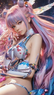 1girl,solo,long hair,breasts,looking at viewer,bangs,blue eyes,large breasts,hair ornament,bare shoulders,jewelry,medium breasts,very long hair,underwear,blue hair,pink hair,multicolored hair,earrings,lying,wings,hair bun,nail polish,black eyes,two-tone hair,lips,double bun,gradient hair,realistic,closed mouth,panties,swimsuit,sidelocks,bikini,artist name,armor,covered nipples,from side,two side up,fingernails,eyelashes,facial mark,pink nails,pink lips,nose