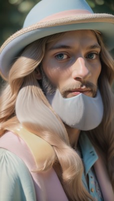 solo,long hair,looking at viewer,blue eyes,blonde hair,brown hair,shirt,1boy,hat,closed mouth,upper body,male focus,blurry,lips,blurry background,facial hair,portrait,beard,realistic,nose,mustache,day,collared shirt,artist name,depth of field,sunlight,blue shirt,dappled sunlight