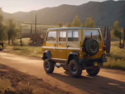 outdoors,day,blurry,tree,no humans,depth of field,blurry background,shadow,grass,ground vehicle,nature,scenery,motor vehicle,forest,mountain,car,road,vehicle focus,wheel,truck,tire,sky,realistic