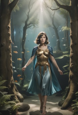 1girl,solo,looking at viewer,short hair,brown hair,brown eyes,jewelry,standing,full body,earrings,outdoors,barefoot,artist name,cape,armor,tree,lips,watermark,sandals,sunlight,nature,web address,forest,fish,walking,light rays,breastplate,fantasy,anklet,sunbeam,blue cape,dirty feet,breasts,dress,collarbone,leaf,underwater,realistic