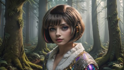 1girl,solo,looking at viewer,short hair,bangs,blue eyes,brown hair,jewelry,upper body,outdoors,parted lips,day,tree,lips,fur trim,eyelashes,makeup,sunlight,bob cut,lipstick,portrait,nature,forest,freckles,realistic,nose,red lips,mascara,earrings,leaf,gem,fantasy