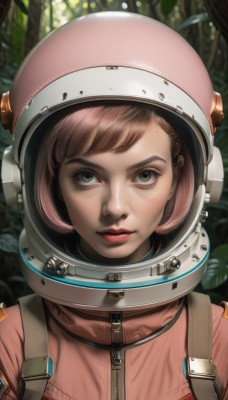 1girl,solo,looking at viewer,short hair,bangs,brown hair,brown eyes,closed mouth,green eyes,upper body,pink hair,parted lips,blurry,lips,eyelashes,makeup,blurry background,helmet,lipstick,portrait,nature,zipper,realistic,nose,red lips,spacesuit,space helmet,astronaut,leaf,plant,forest,reflection,science fiction,straight-on