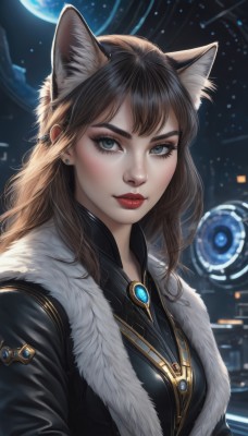 1girl,solo,long hair,breasts,looking at viewer,bangs,blue eyes,brown hair,animal ears,jewelry,closed mouth,jacket,upper body,earrings,cat ears,lips,animal ear fluff,fur trim,eyelashes,makeup,lipstick,brooch,gem,extra ears,nose,red lips,space,planet,earth (planet),shirt,black hair,medium breasts,green eyes,artist name,necklace,wolf ears,thick eyebrows,eyeshadow,realistic,eyeliner,mascara