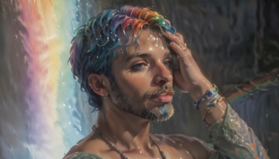 solo,short hair,blue eyes,black hair,1boy,jewelry,blue hair,upper body,male focus,multicolored hair,earrings,hand up,dark skin,water,necklace,bracelet,lips,wet,facial hair,dark-skinned male,portrait,wet clothes,beard,rain,hand in own hair,realistic,nose,mustache,wet hair,waterfall,tongue,star (symbol),two-tone hair,facial mark,piercing,water drop,rainbow