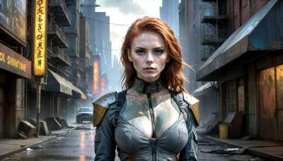 HQ,1girl,solo,long hair,breasts,looking at viewer,blue eyes,large breasts,brown hair,cleavage,upper body,outdoors,parted lips,armor,collar,lips,wet,bodysuit,tattoo,ground vehicle,building,between breasts,motor vehicle,freckles,science fiction,rain,city,sign,realistic,leash,car,road,dirty,street,medium breasts,red hair,sky,cloud,orange hair,makeup,lipstick,injury,cyberpunk,dirty face