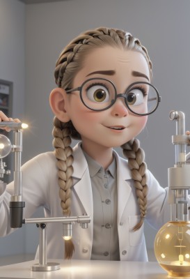 1girl,solo,long hair,looking at viewer,smile,open mouth,brown hair,shirt,long sleeves,holding,twintails,brown eyes,upper body,braid,parted lips,glasses,teeth,collared shirt,indoors,blurry,twin braids,buttons,thick eyebrows,child,forehead,freckles,black-framed eyewear,round eyewear,labcoat,female child,test tube,flask,brown-framed eyewear,blush,white shirt,blurry background