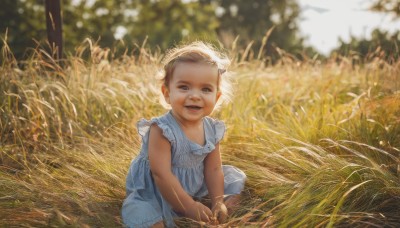 1girl,solo,looking at viewer,smile,short hair,open mouth,blue eyes,blonde hair,dress,sitting,:d,outdoors,teeth,sleeveless,blurry,blue dress,halo,grass,child,realistic,female child,brown hair,1boy,day,white dress,sleeveless dress