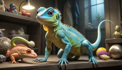 HQ,solo,red eyes,closed mouth,tail,full body,indoors,blurry,black eyes,no humans,window,depth of field,blurry background,colored skin,claws,ball,realistic,frog,lamp,scales,whiskers,turtle,dinosaur,lizard,open mouth,hat,standing,food,teeth,stuffed toy,sharp teeth,slit pupils,monster,egg,alien,toy