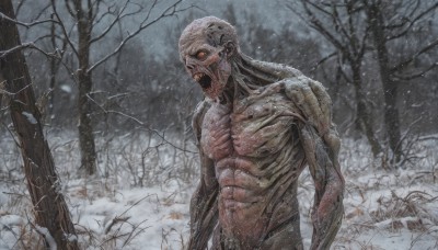 solo,open mouth,red eyes,1boy,standing,male focus,outdoors,teeth,tree,no humans,muscular,nature,snow,forest,science fiction,monster,snowing,realistic,bare tree,extra eyes,alien,horror (theme),sharp teeth