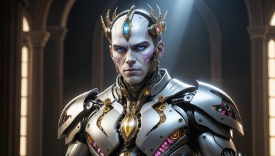 HQ,solo,looking at viewer,blue eyes,1boy,upper body,male focus,indoors,armor,lips,glowing,helmet,gem,science fiction,realistic,nose,android,cyborg,alien,power armor,jewelry,closed mouth,earrings,colored skin,portrait,bald