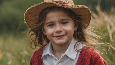 1girl,solo,long hair,looking at viewer,smile,brown hair,shirt,hat,closed mouth,jacket,white shirt,upper body,outdoors,open clothes,collared shirt,blurry,black eyes,lips,floating hair,depth of field,blurry background,wing collar,wind,portrait,red jacket,freckles,realistic,straw hat,brown eyes,grey eyes,sun hat