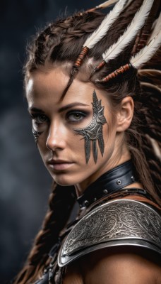 1girl,solo,long hair,looking at viewer,brown hair,hair ornament,brown eyes,upper body,braid,dark skin,armor,blurry,twin braids,collar,lips,facial mark,feathers,shoulder armor,portrait,realistic,nose,feather hair ornament,facepaint,dreadlocks,tribal,native american,jewelry,male focus,choker,necklace,from side,close-up