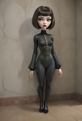 1girl,solo,breasts,looking at viewer,short hair,bangs,brown hair,black hair,long sleeves,closed mouth,green eyes,standing,full body,small breasts,artist name,indoors,signature,blunt bangs,nail polish,black footwear,lips,looking to the side,bodysuit,makeup,shadow,turtleneck,watermark,bob cut,lipstick,skin tight,red nails,web address,black bodysuit,red lips,eyeliner,wall,shirt,jewelry,boots,pants,necklace,high heels,black pants,corset