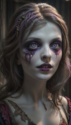 1girl,solo,long hair,breasts,looking at viewer,blue eyes,blonde hair,brown hair,hair ornament,cleavage,jewelry,underwear,collarbone,upper body,parted lips,teeth,necklace,bra,blurry,lips,eyelashes,tattoo,makeup,colored skin,lipstick,pale skin,portrait,eyeshadow,multicolored eyes,realistic,nose,purple lips,mascara,artist name,blurry background,piercing,extra eyes,horror (theme),lip piercing