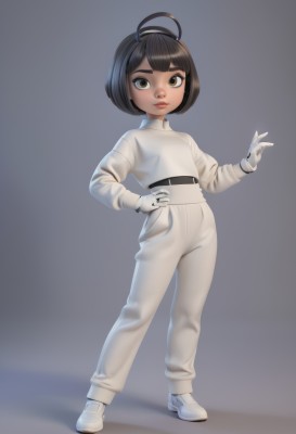 1girl,solo,looking at viewer,short hair,bangs,simple background,brown hair,black hair,gloves,long sleeves,brown eyes,closed mouth,standing,full body,ahoge,hairband,shoes,belt,pants,white gloves,dark skin,blunt bangs,grey background,dark-skinned female,lips,hand on hip,bodysuit,turtleneck,white footwear,bob cut,child,white pants,female child,jumpsuit