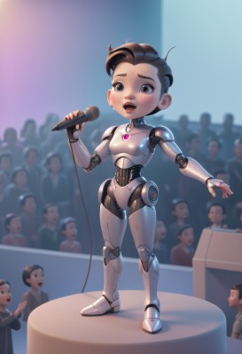 1girl,short hair,open mouth,multiple girls,brown hair,holding,brown eyes,standing,full body,sweat,small breasts,solo focus,lips,upper teeth only,robot,child,microphone,science fiction,music,android,joints,holding microphone,singing,robot joints,crowd,stage,spotlight,looking at viewer,blush,black hair,male focus,heart,multiple boys,collar,glowing,formal,suit,6+boys,cable,male child,idol,cyberpunk