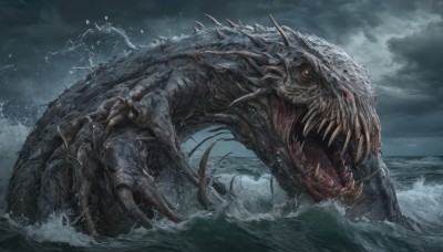 open mouth,outdoors,sky,teeth,tongue,cloud,water,no humans,ocean,cloudy sky,sharp teeth,claws,monster,giant,waves,lightning,kaijuu,solo,rain,realistic,splashing