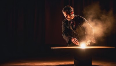 solo,short hair,shirt,black hair,long sleeves,1boy,sitting,jacket,male focus,necktie,glowing,facial hair,formal,table,suit,smoke,mustache,light,dark,vest,parody,eyepatch,old,old man