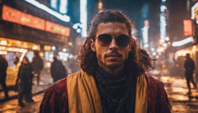 solo,long hair,brown hair,1boy,jewelry,closed mouth,jacket,upper body,male focus,outdoors,solo focus,medium hair,necklace,scarf,blurry,sweater,night,depth of field,blurry background,facial hair,sunglasses,beard,city,realistic,crowd,looking at viewer,black hair,dark skin,lips,dark-skinned male,stubble,light,road,street